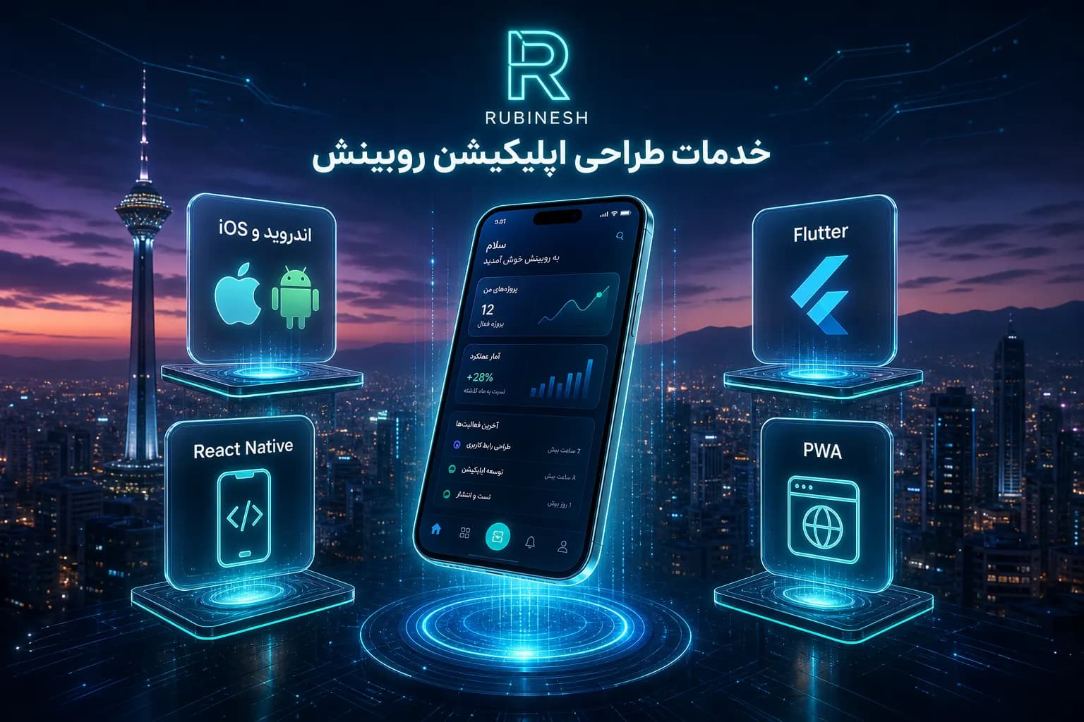 اینفوگرافیک خدمات طراحی اپلیکیشن موبایل روبینش شامل iOS، اندروید، React Native، Flutter و PWA