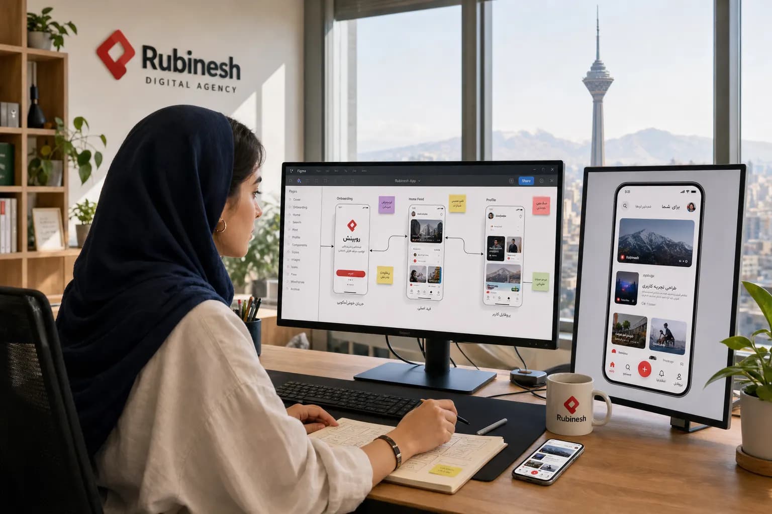 تیم طراحی روبینش در حال طراحی رابط کاربری اپلیکیشن موبایل و پروتوتایپ Figma روی مانیتور و موبایل