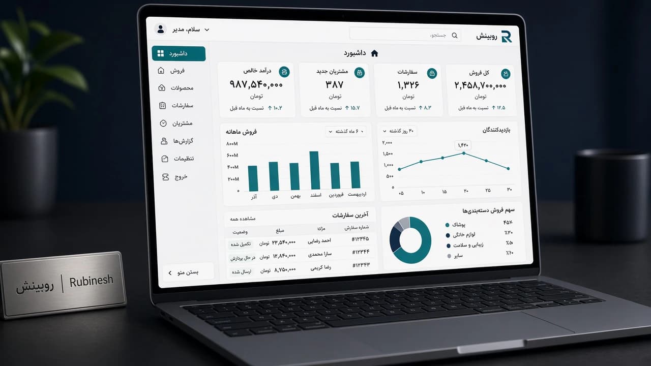 داشبورد مدیریتی فارسی روی لپ‌تاپ با کارت‌های KPI و نمودار — روبینش | Rubinesh