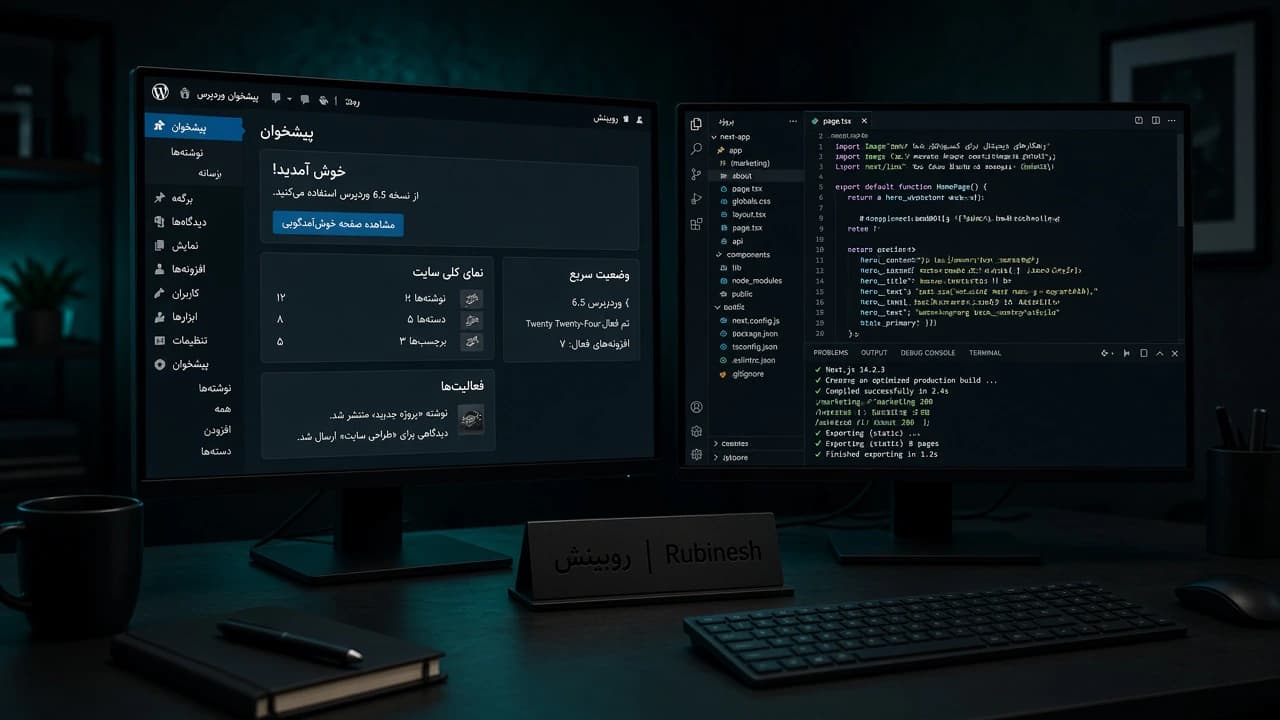 مقایسه پنل وردپرس و کد Next.js روی دو مانیتور — روبینش | Rubinesh