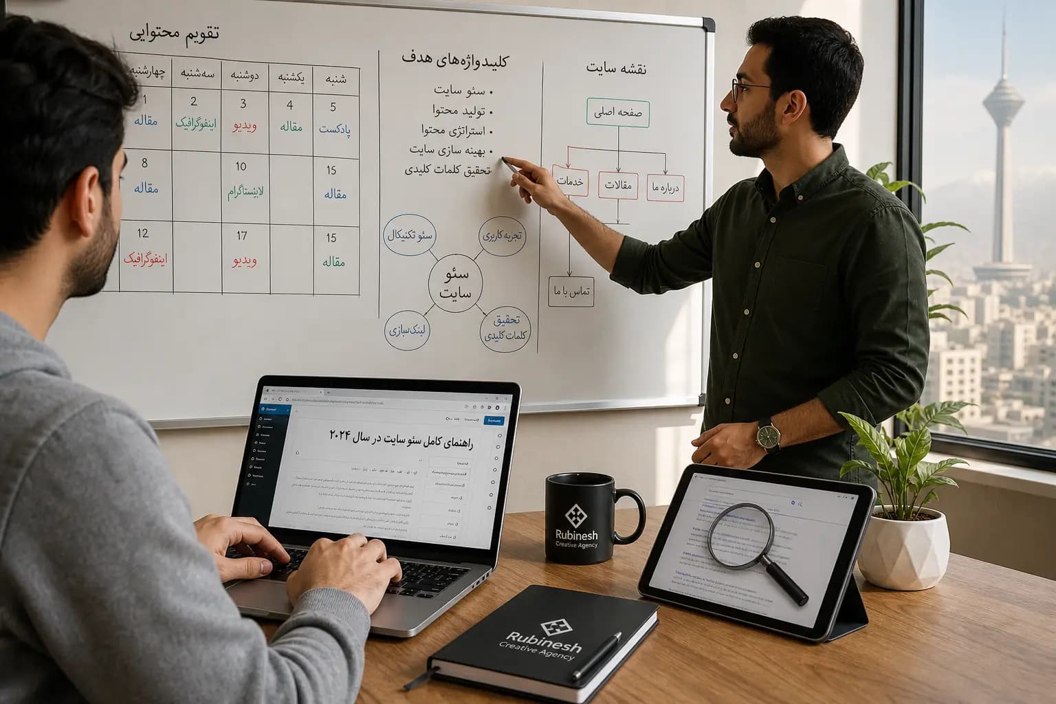 تیم روبینش در حال برنامه‌ریزی تقویم محتوایی، نقشه سئو سایت و تحقیق کلمات کلیدی روی وایت‌برد