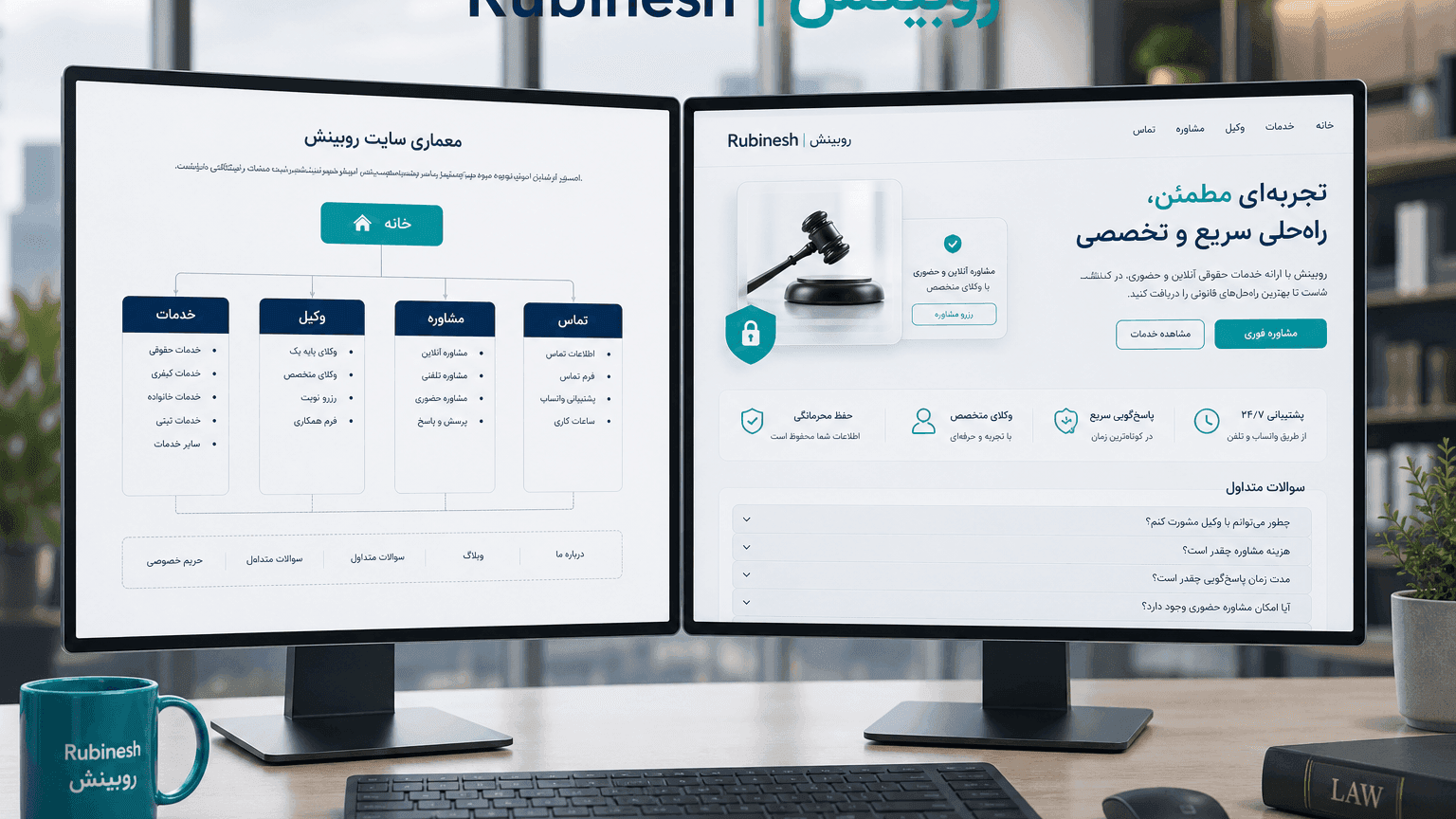 نقشه صفحات سایت وکالت: خانه، خدمات، وکیل، مشاوره و تماس — روبینش | Rubinesh