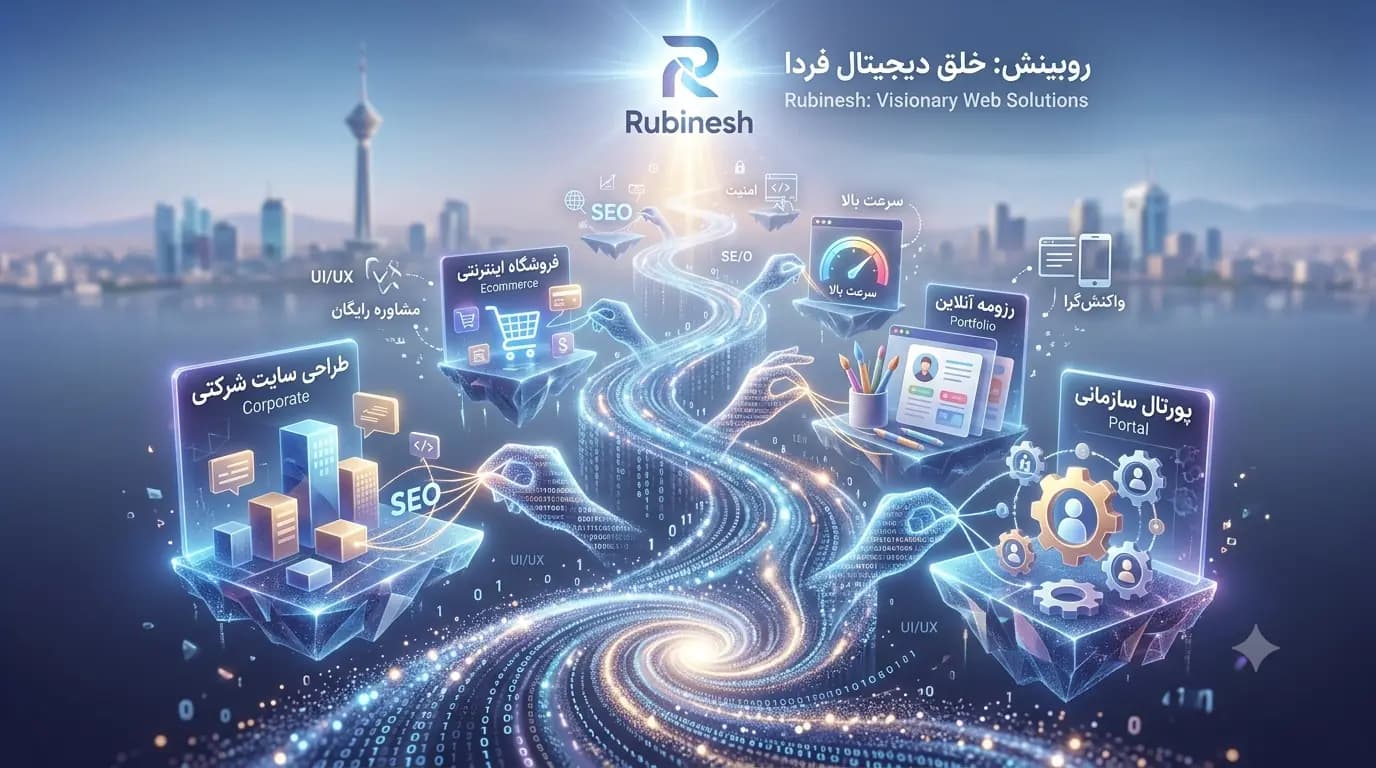 اینفوگرافیک خدمات طراحی سایت روبینش شامل سایت شرکتی، فروشگاهی، رزومه آنلاین و پورتال سازمانی