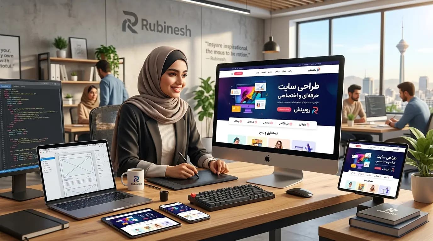 طراحی سایت واکنش‌گرا روبینش روی دسکتاپ، لپ‌تاپ، تبلت و موبایل در محیط کاری حرفه‌ای