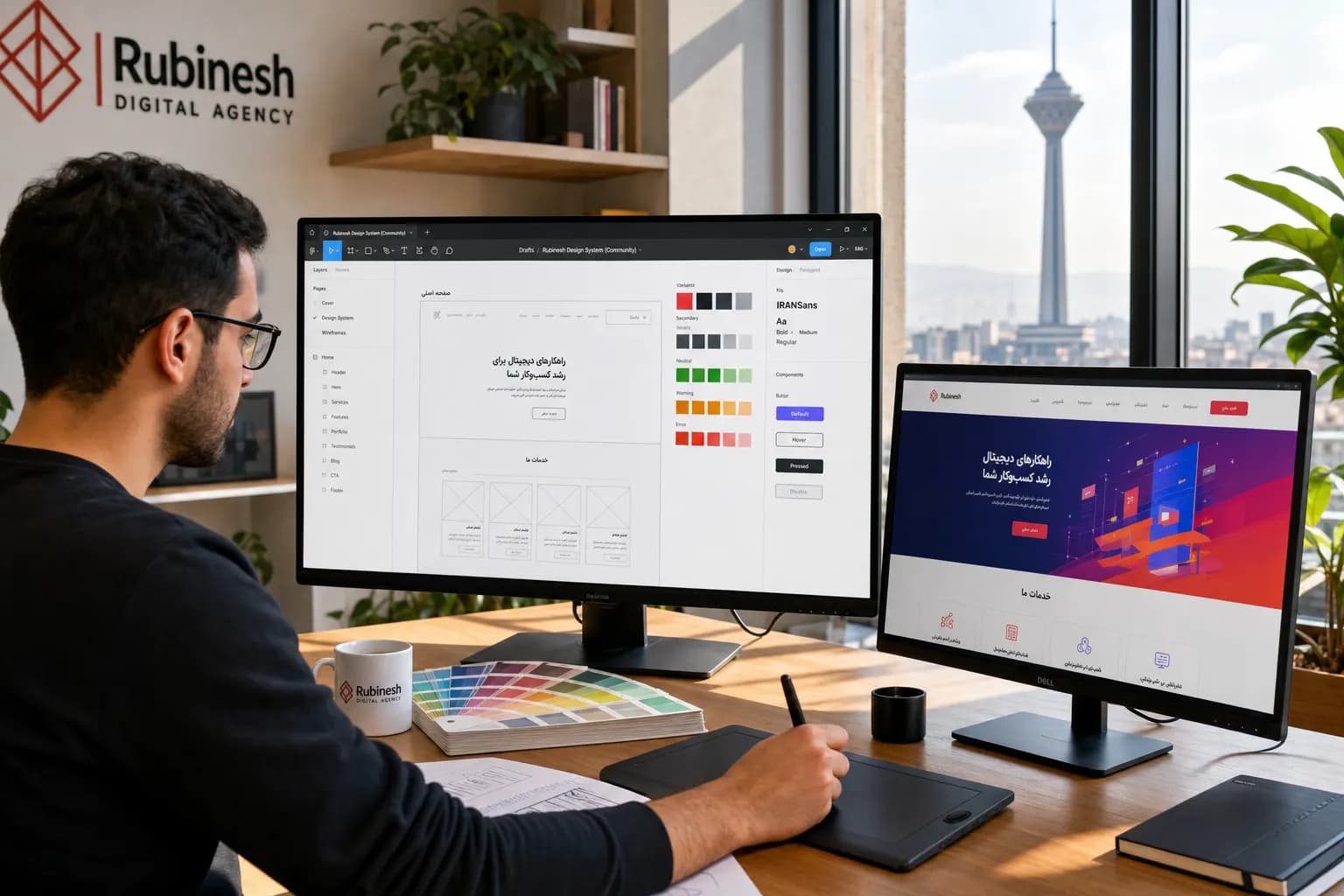 طراح UI/UX در حال کار روی وایرفریم و پروتوتایپ Figma با پالت رنگ و تایپوگرافی روی مانیتور