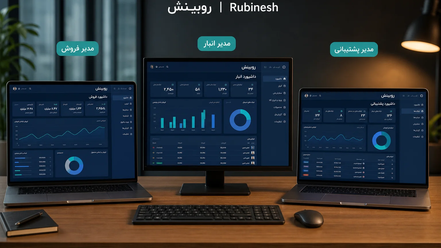 سه نقش فارسی با داشبورد جدا: فروش، انبار، پشتیبانی — روبینش | Rubinesh