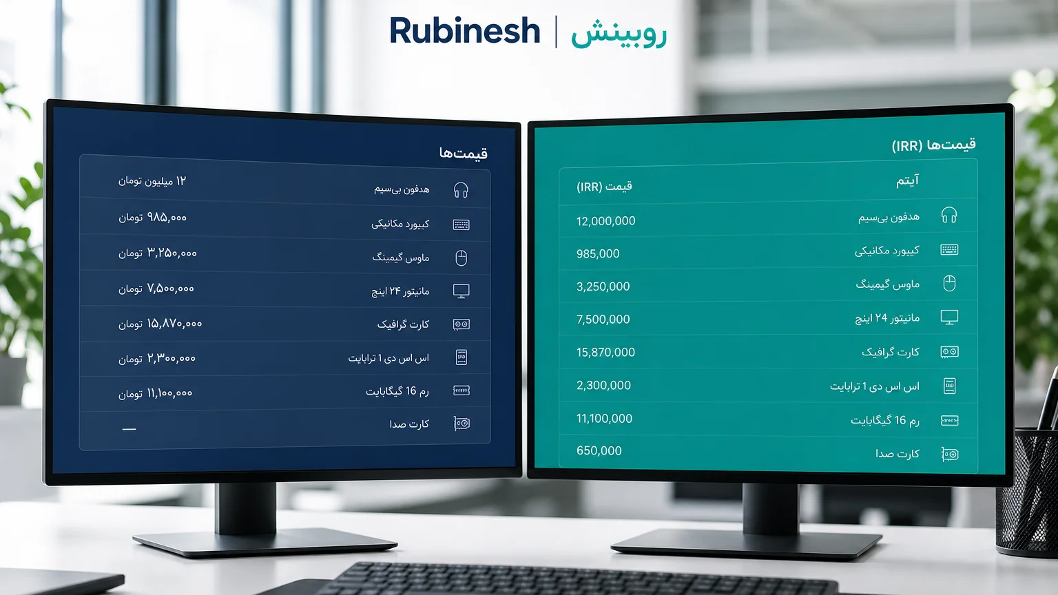 نرمال‌سازی قیمت فارسی به عدد و واحد پول روی دو مانیتور — روبینش | Rubinesh