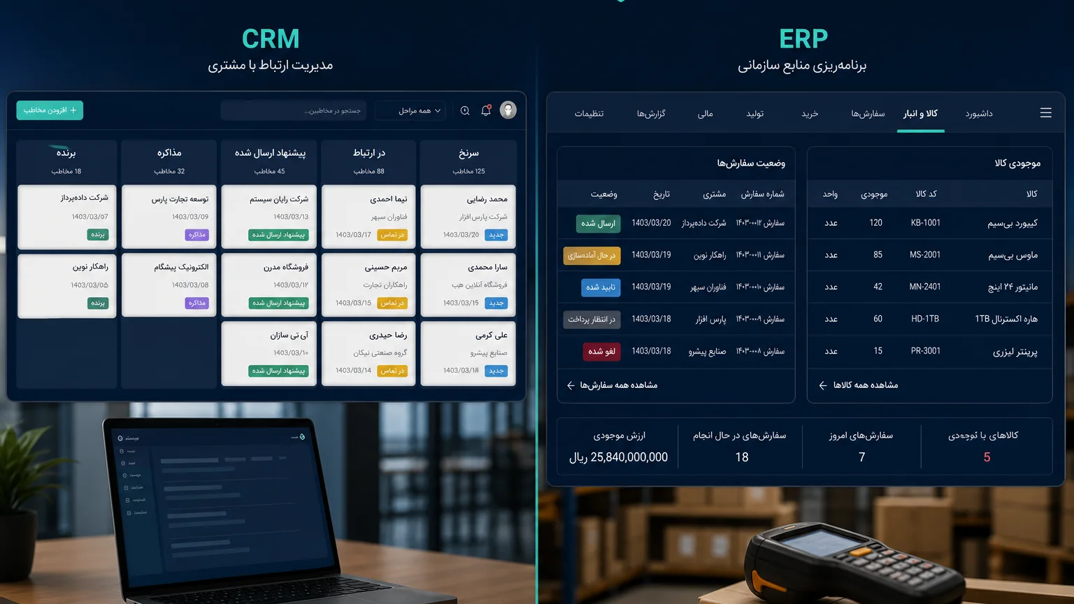 مقایسه CRM و ERP سبک: پرونده مشتری در برابر موجودی و سفارش — روبینش | Rubinesh