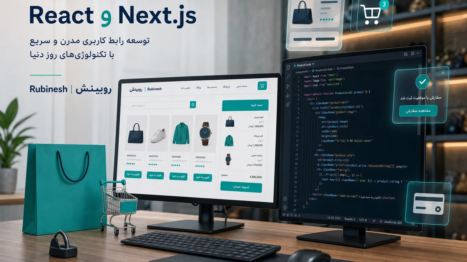 فروشگاه Next.js روی لپ‌تاپ کنار ویرایشگر React — روبینش | Rubinesh