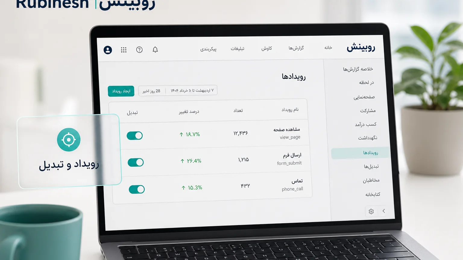 فهرست رویدادهای GA4 روی لپ‌تاپ با نام پایدار و علامت تبدیل — روبینش | Rubinesh