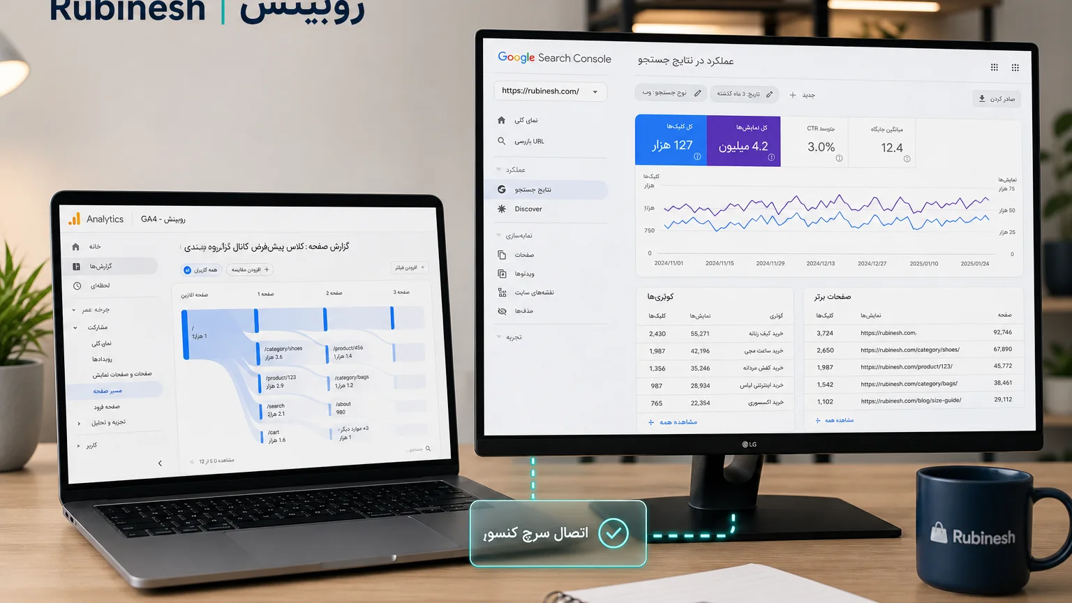 اتصال GA4 و سرچ کنسول روی دو نمایشگر: کوئری جستجو کنار رفتار بعد از ورود — روبینش | Rubinesh