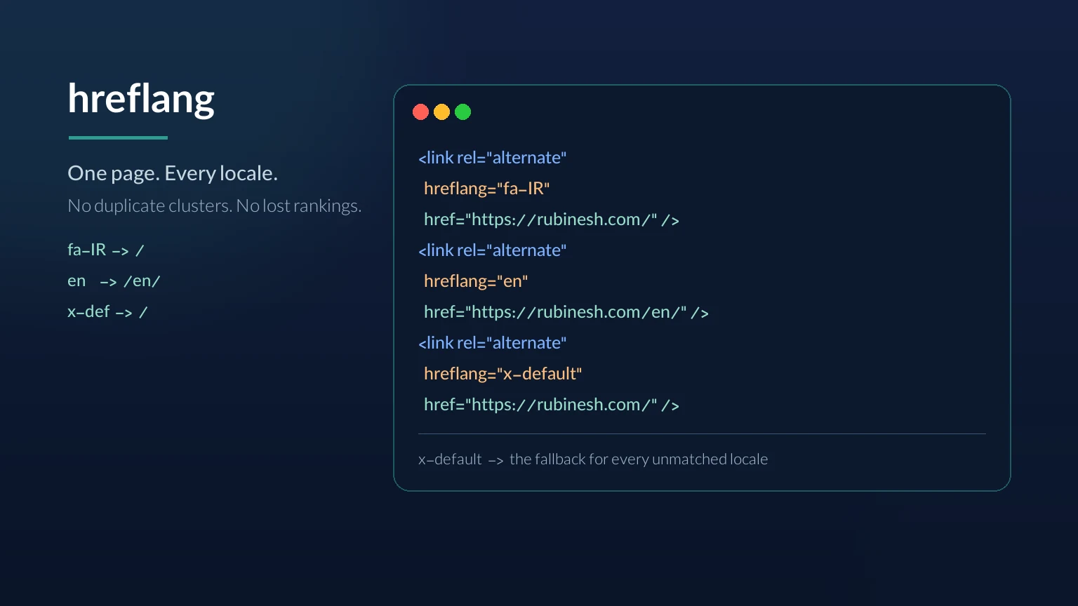 نمونه کد پیاده‌سازی تگ hreflang و x-default برای سایت چندزبانه در Next.js — روبینش | Rubinesh