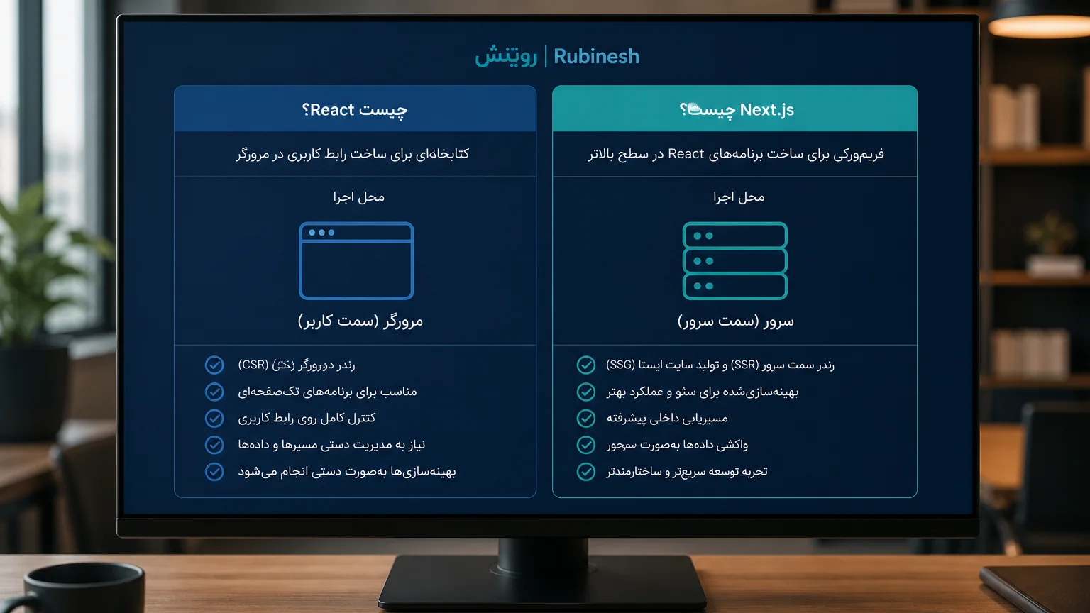 مقایسه فارسی React و Next.js روی مانیتور: مرورگر در برابر سرور — روبینش | Rubinesh