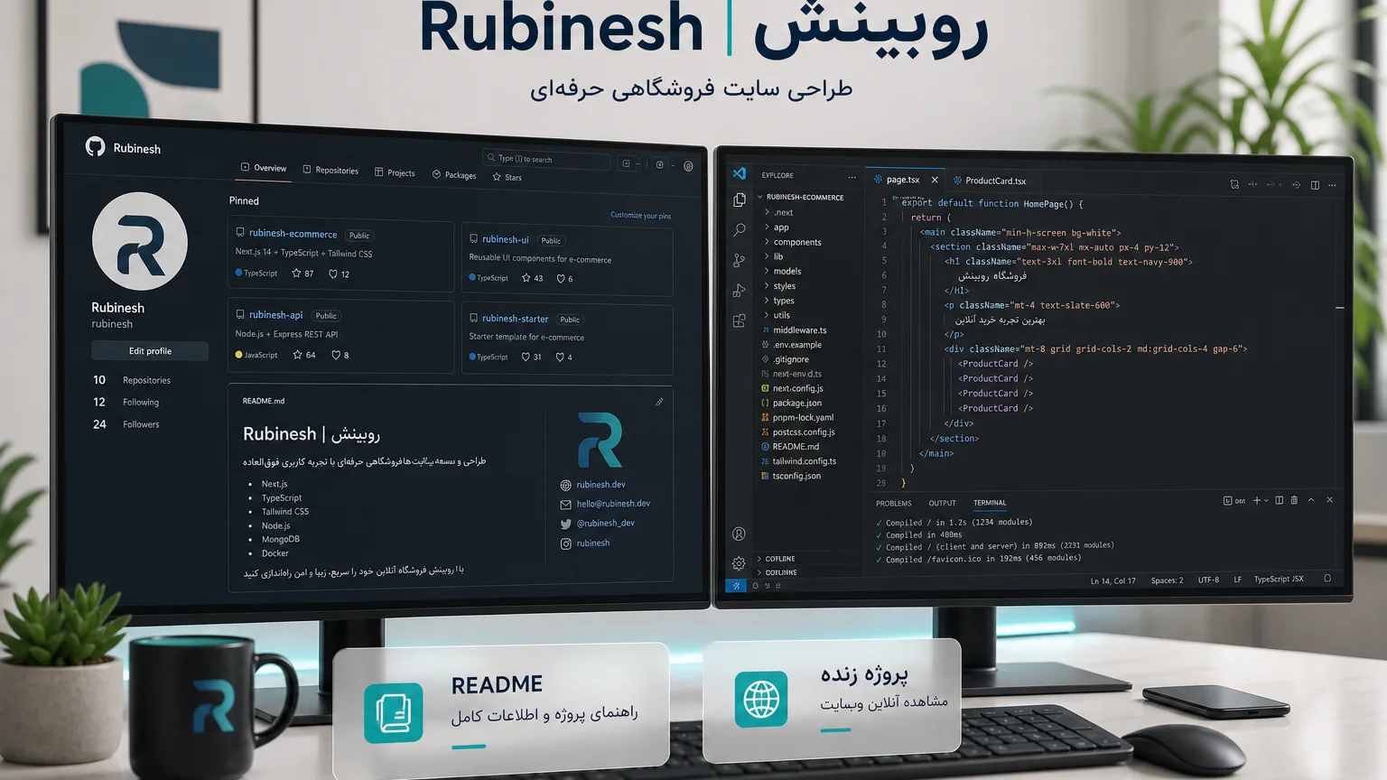 پروفایل گیت‌هاب با ریپوی پین‌شده و README روی مانیتور — روبینش | Rubinesh