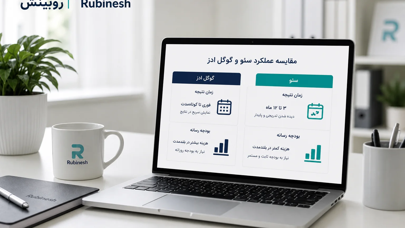 داشبورد مقایسه زمان نتیجه سئو و بودجه ادز روی لپ‌تاپ — روبینش | Rubinesh