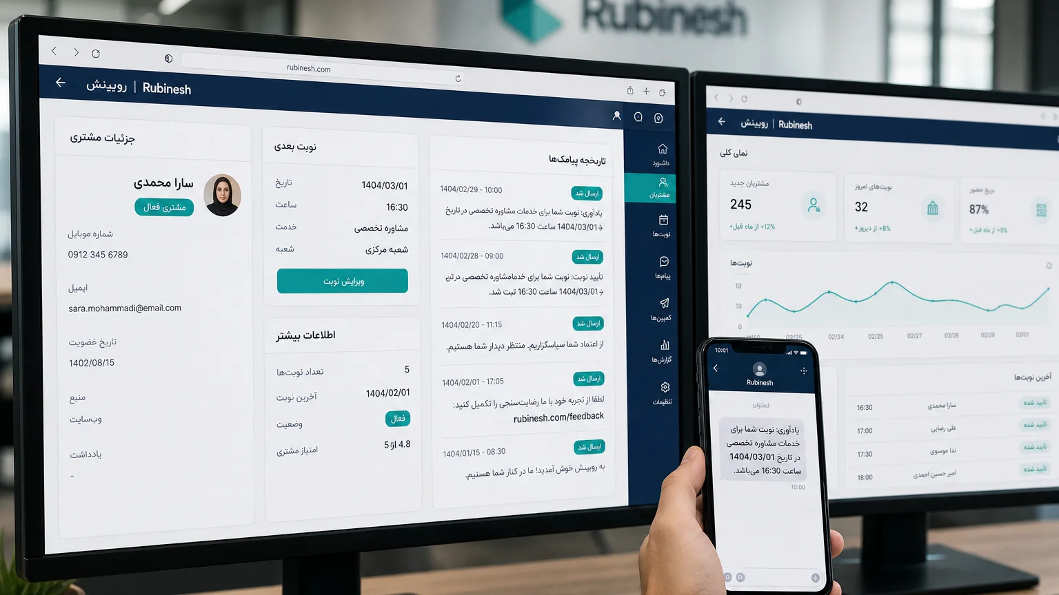 پرونده CRM فارسی با تاریخچه پیامک و وضعیت نوبت روی دو مانیتور — روبینش | Rubinesh