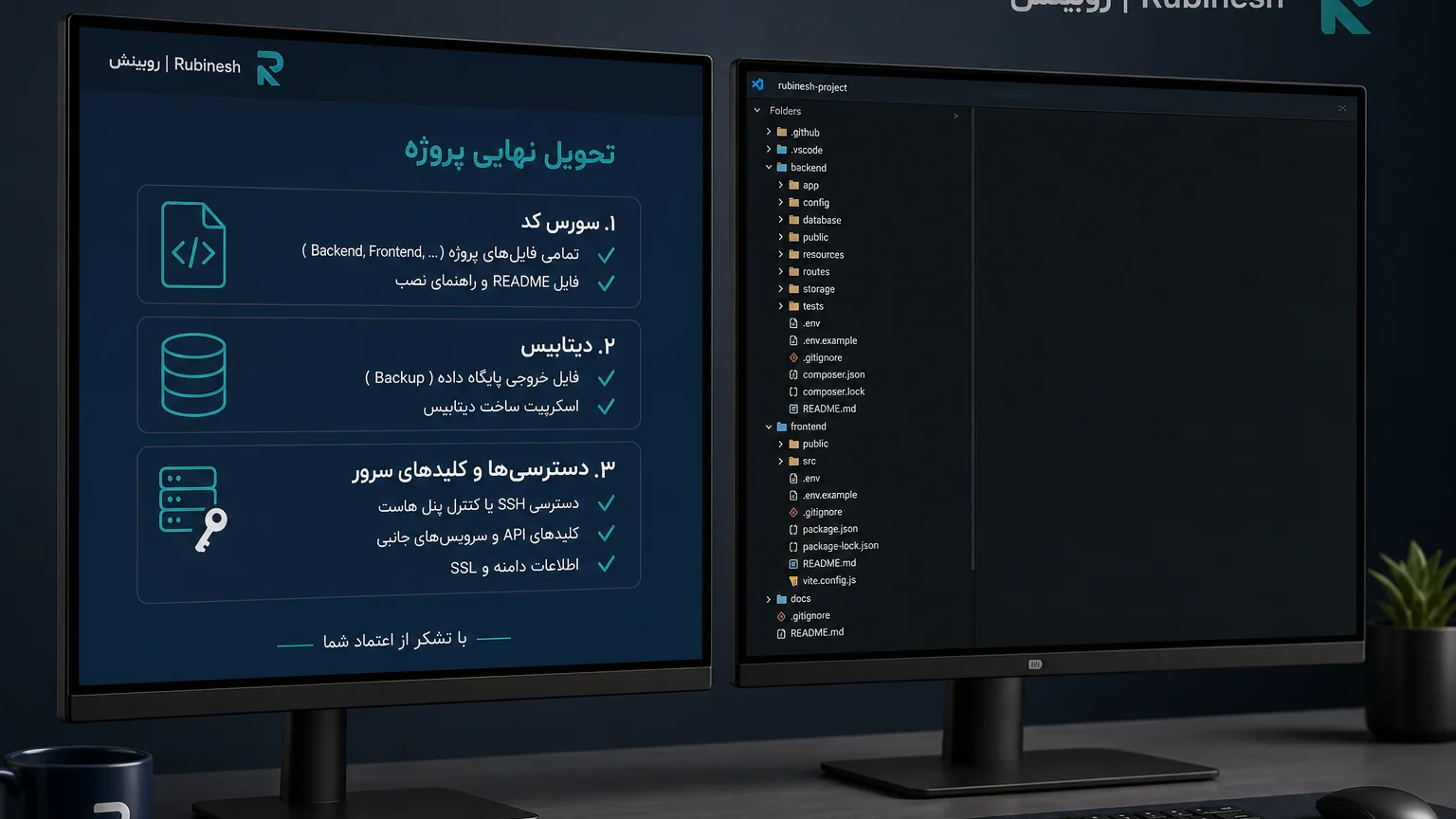 چک‌لیست تحویل سورس، دیتابیس و دسترسی سرور روی دو مانیتور — روبینش | Rubinesh